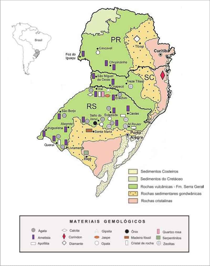 Mapa das jazidas de ametista natural no Brasil.