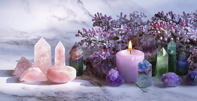 Mesa de mármore com Ametista, Quartzo Rosa e fluorita natural com lavandas e velas aromáticas